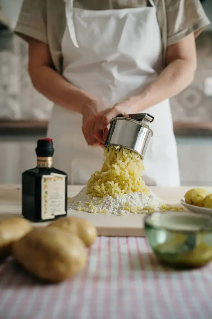 Signora anziana che prepara gli gnocchi fatti in casa per i nipoti con l'aceto balsamico di Modena della Vecchia Dispensa